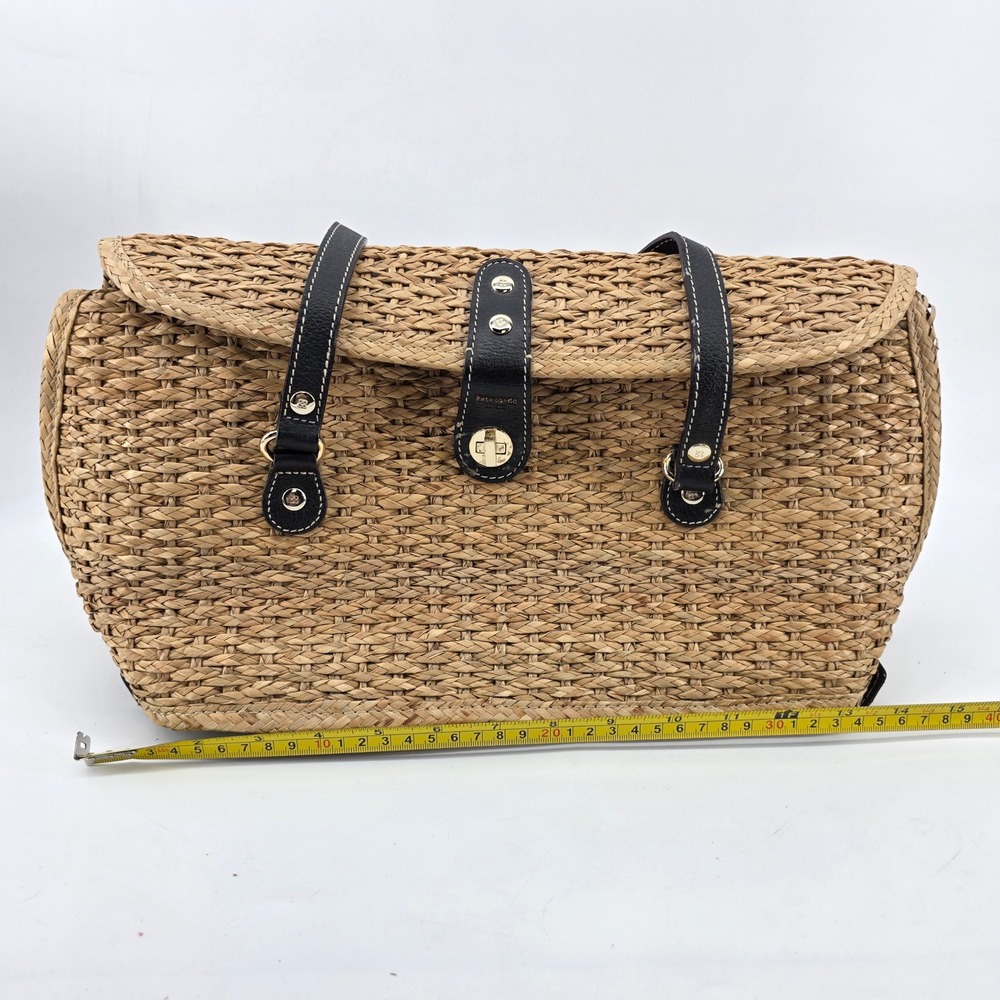 Kate Spade New York Woven Straw Shoulder Bag Tan Black Leather Trim Turnlock - Picture 8 of 12